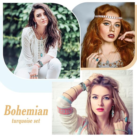 9 Pcs Western Turquoise Jewelry Set Necklace Earrings Rings Waist Chain - Picture 6 of 6